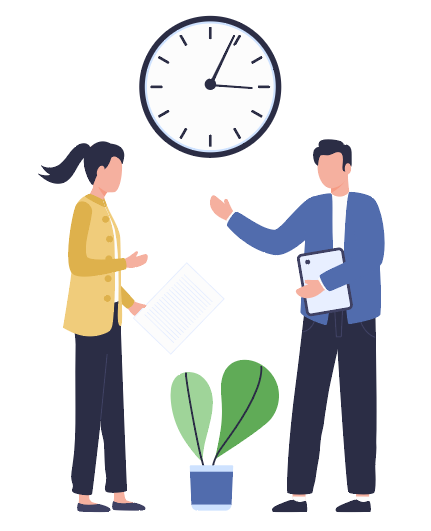 Illustration of office employees standing under a clock