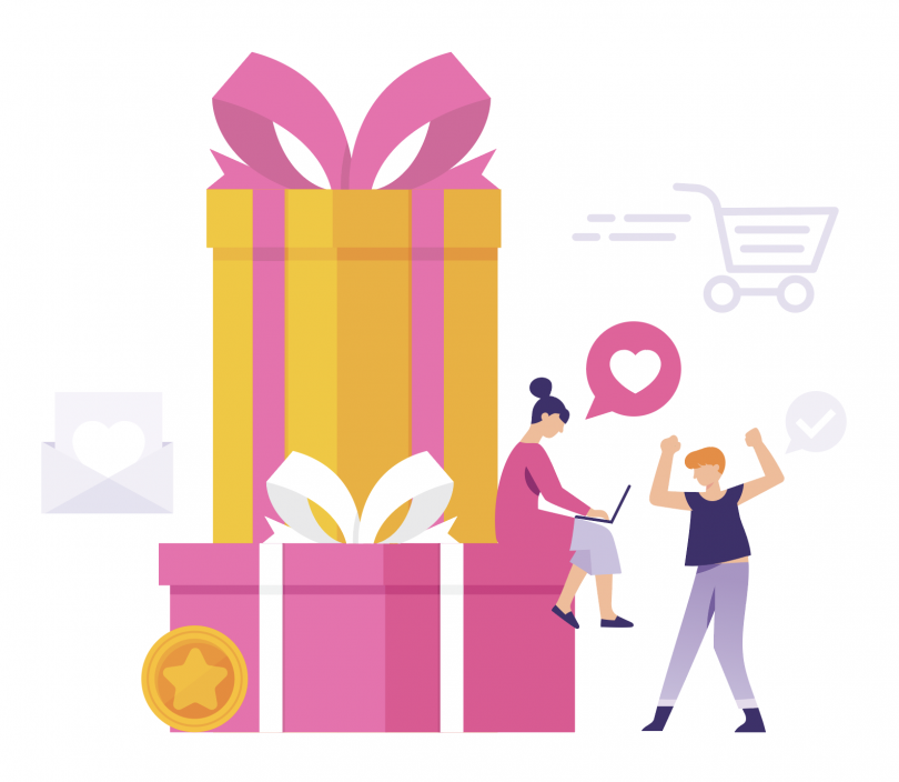 Illustration of ladies sitting on large presents