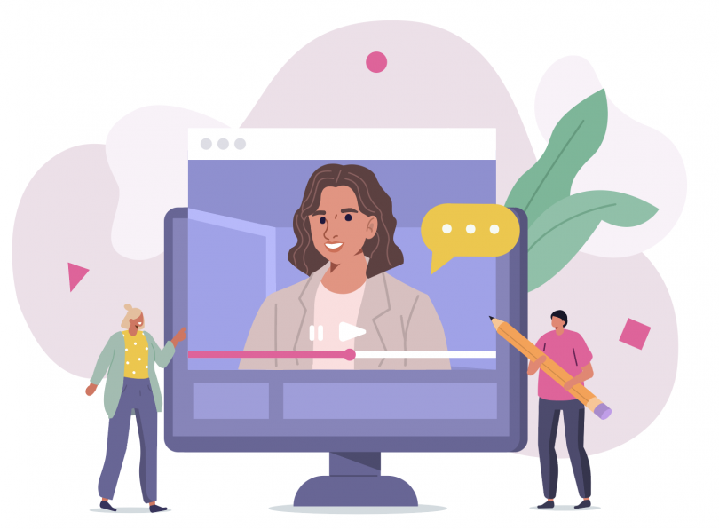 Illustration of people standing in front of large screen