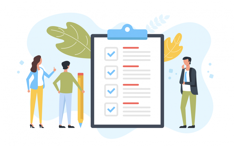 Illustration of team members standing in front of giant clipboard
