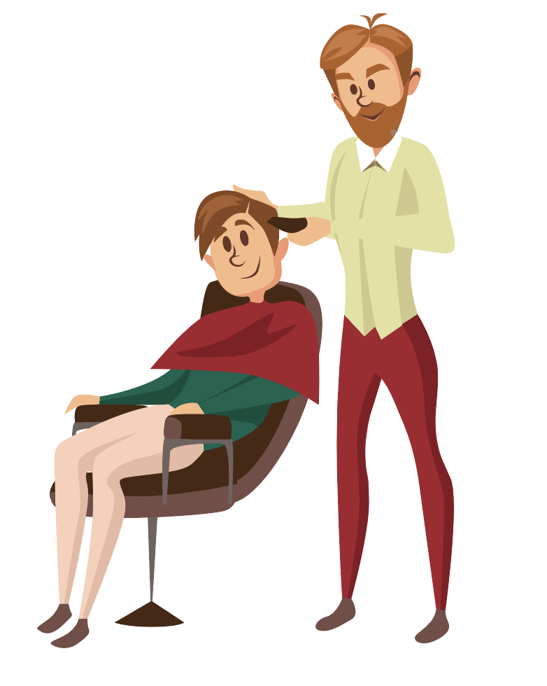 Illustration of a lady having her hair cut by a male hairdresser