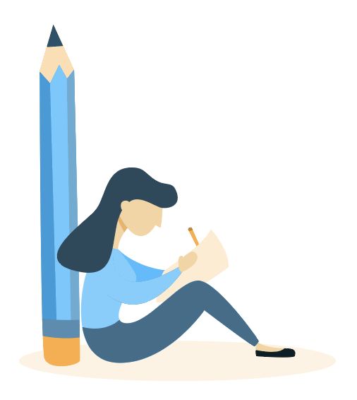 Illustration of lady sitting on the floor up against a large pencil