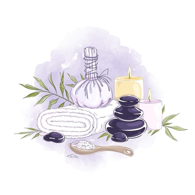 Composition of accessories for aroma massage and spa treatments. Hand made sketch drawing with textural watercolor background.
